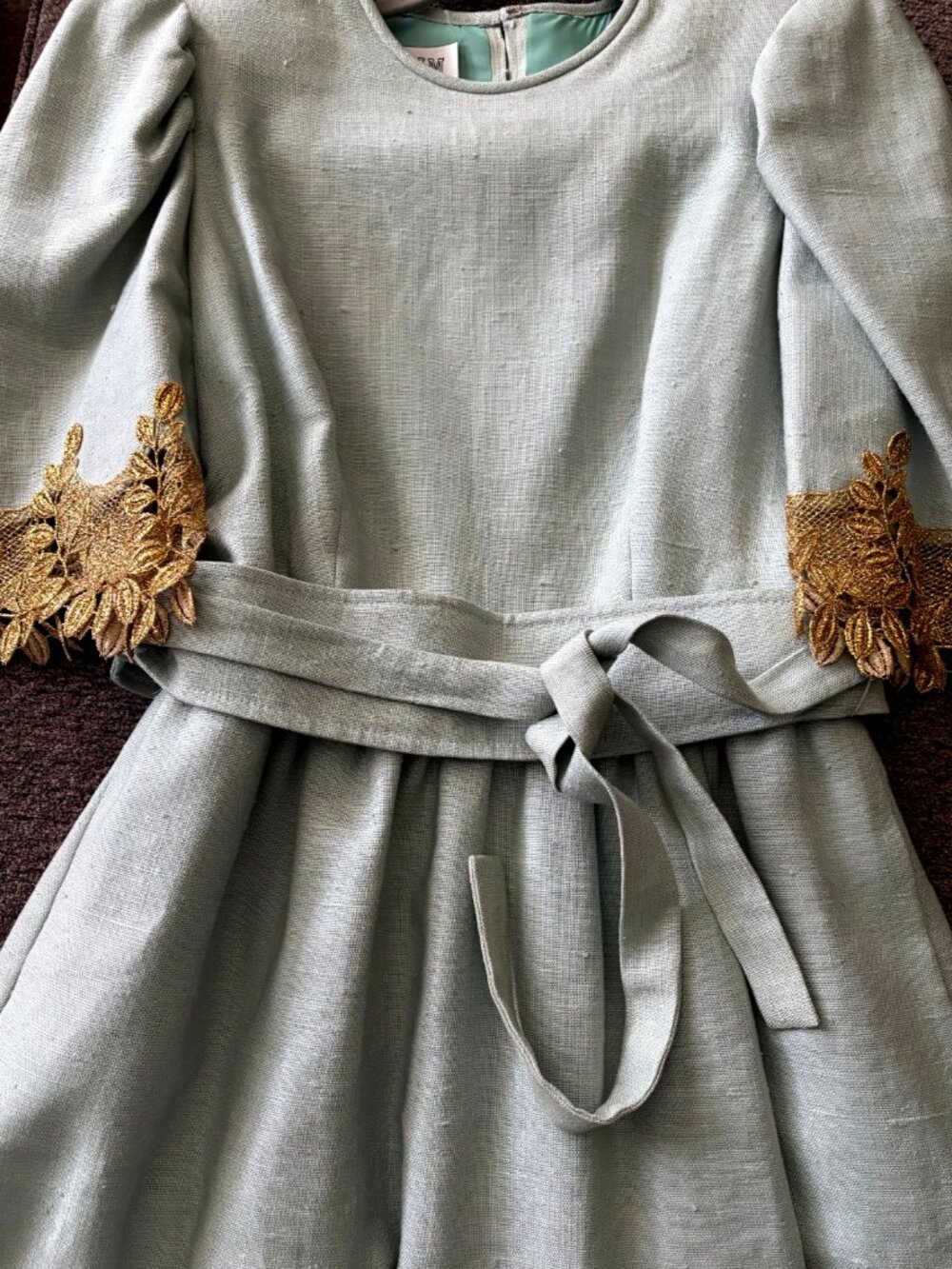 WILLIAM PEARSON Original Aqua Linen GOLD Lace Vintage Dress